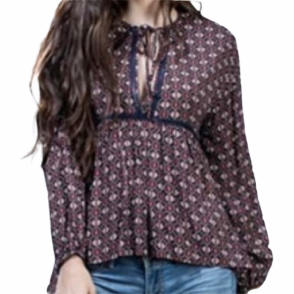 EN CREME Long Sleeve Navy Tangerine Peasant Boho Top size M